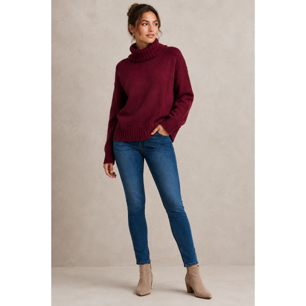 Women Sweater M Burgundy Chunky Knit Acrylic Oversize Raglan Sleeve Turtleneck M